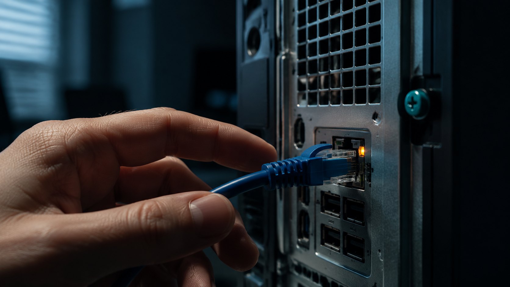 A hand reaching for an ethernet cable plugged into the back of a desktop computer in a dim office