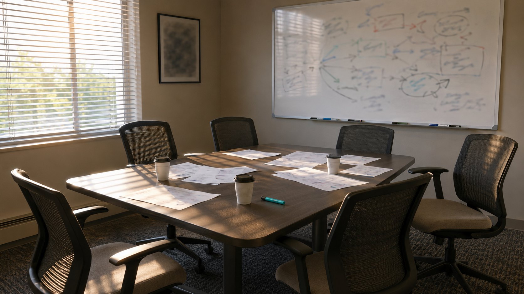 An empty conference room after a meeting, with scattered printed pages and a whiteboard behind