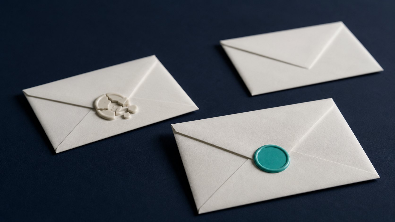 Three plain envelopes on a dark surface - one sealed with wax, one with a broken seal, one unsealed