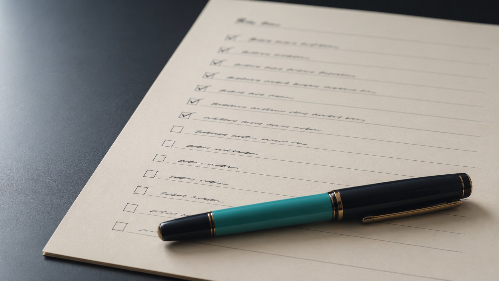 A partially completed paper checklist on a desk with a fountain pen resting across it