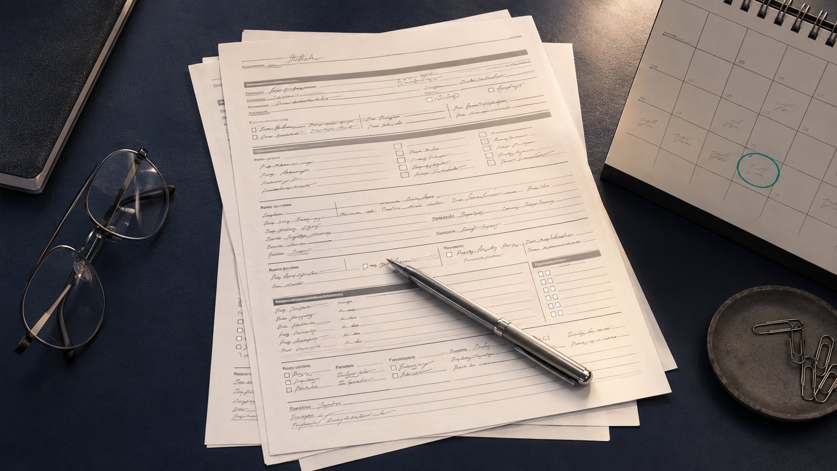 A partially completed paper insurance form on a desk with a pen and a desk calendar showing a circled date